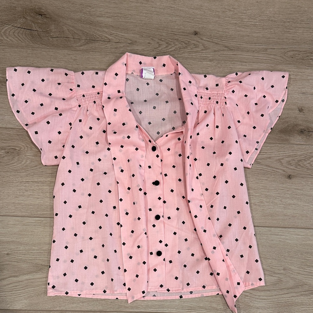 Vintage ILGWU Rio Blouse in Soft Pink with Black Diamond Print